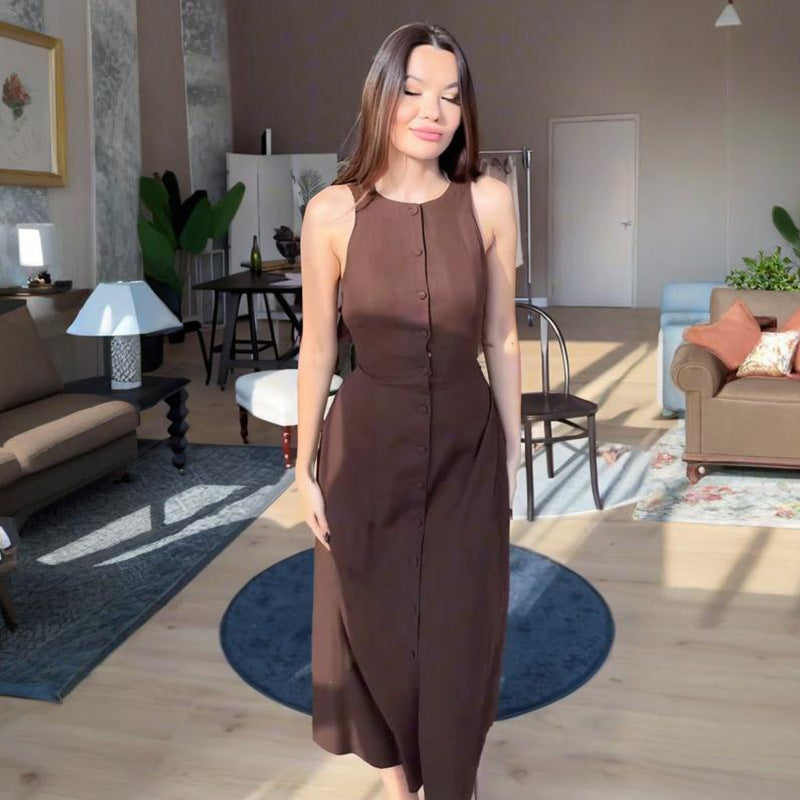 Summer New Women's Sleeveless Button Open Shirt Waist Temperament Fashion Dress