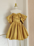 A line Off The Shoulder Yellow Satin Travel Vacation Dresses Short Birthday Dress SD1249
