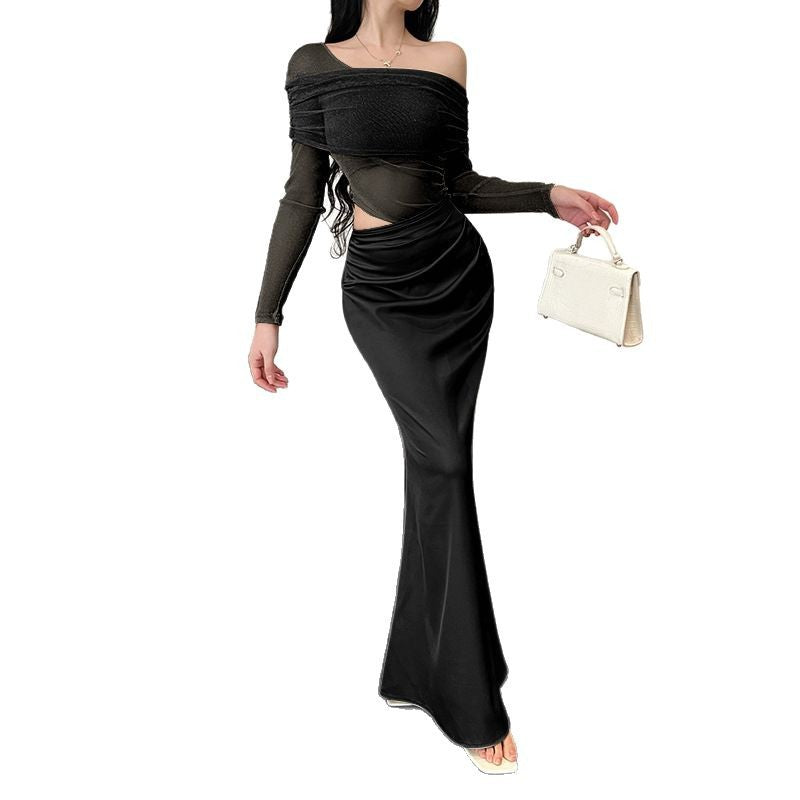 Shoulder Mesh Splicing Sexy Long-Sleeved Dress Woman 2025 Spring And Summer New Pure Lust Style Dress DJPT