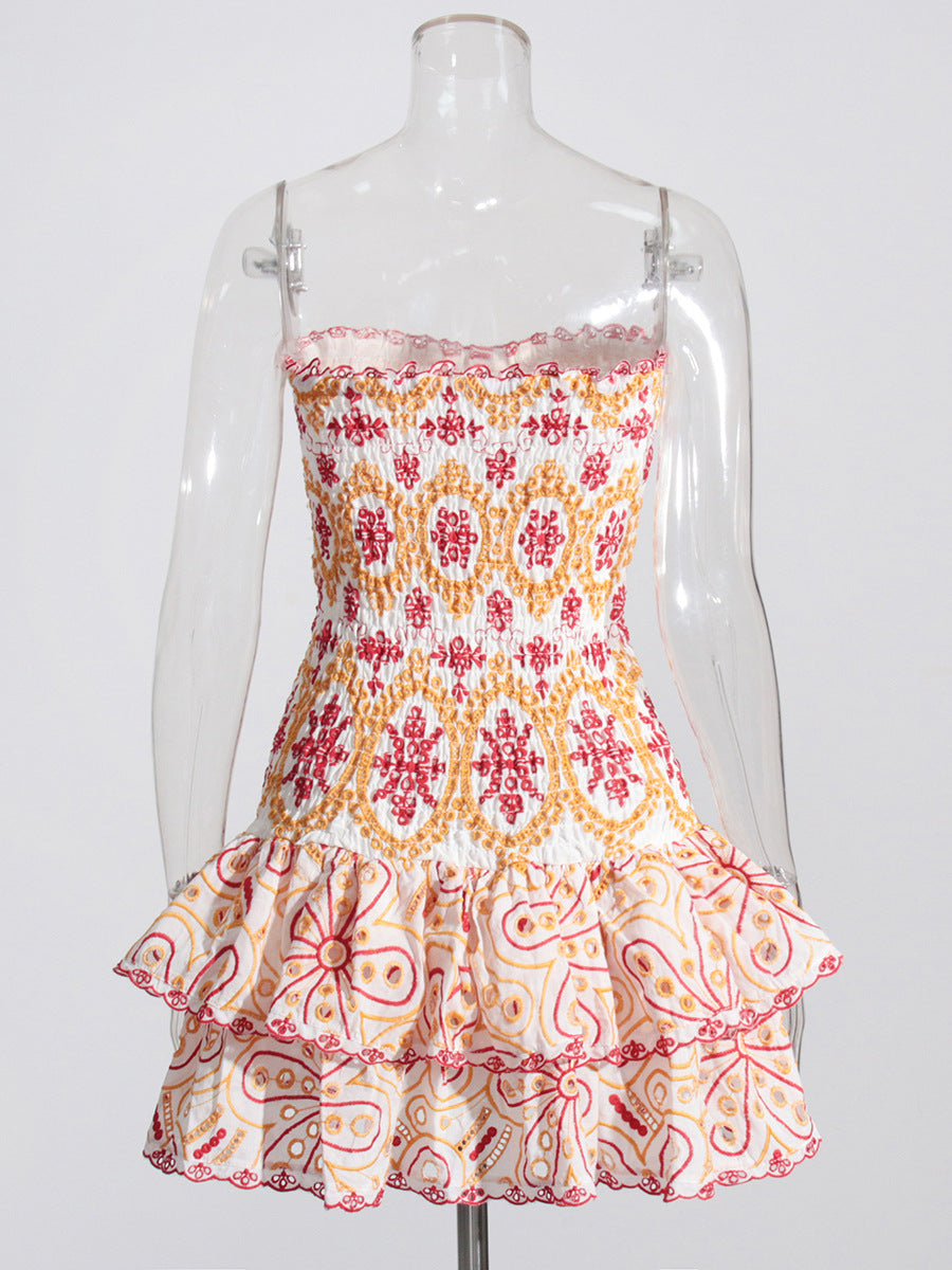 Summer New Sexy Smear Embroidery Hollow Lotus Leafy Dress To Collect Waist Thin Print Slim Dress