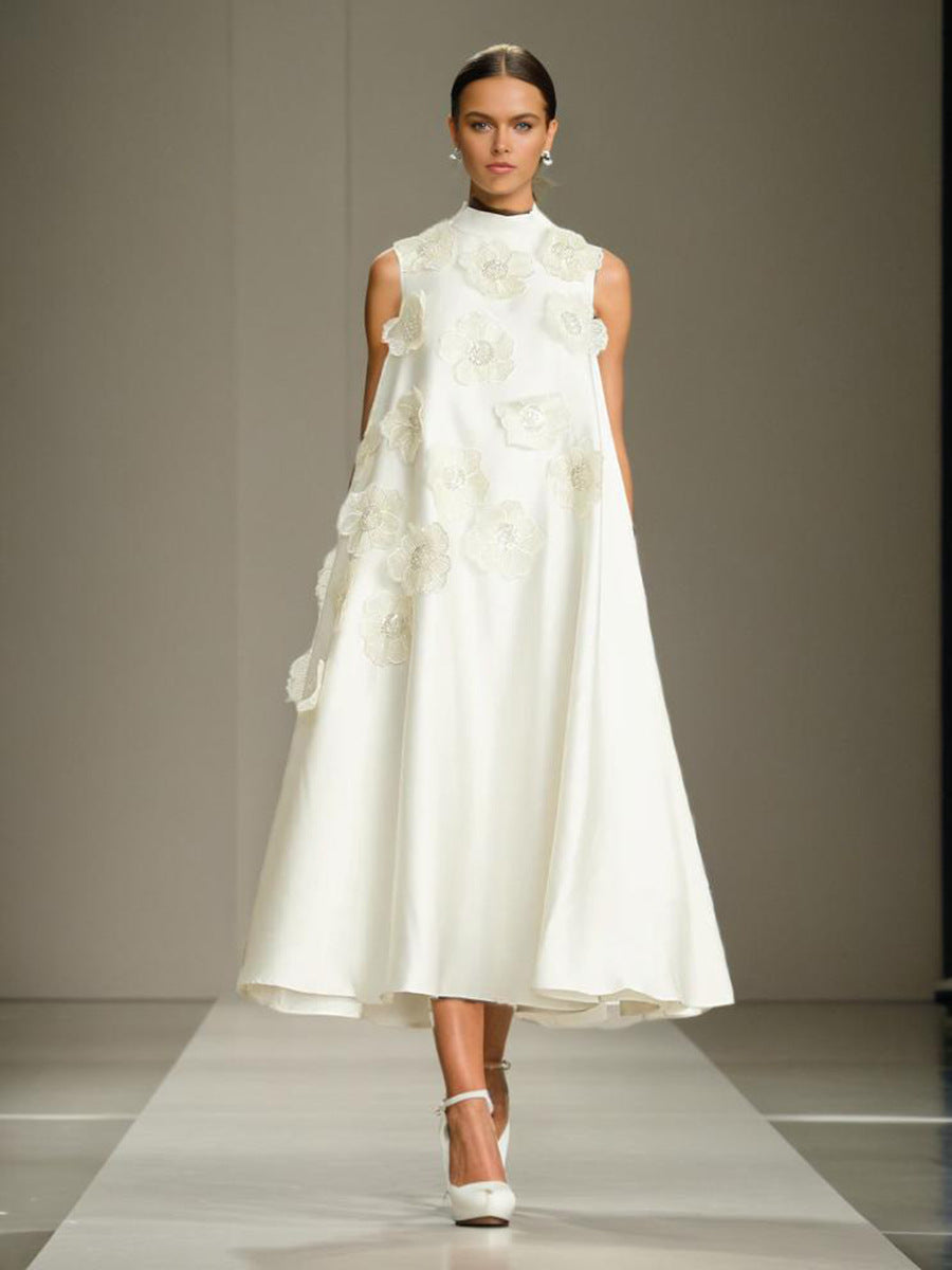 Temperament Fashion Geek Wind 2025 Spring New Heavy Industry Irregular Three-Dimensional Flowers Sleeveless Long Dress Woman