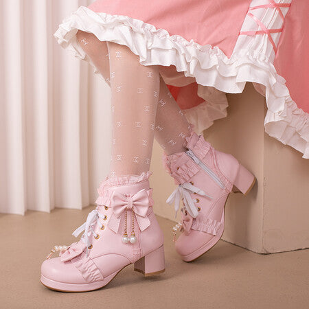 Bow Lotus Leaf Side With Short Boots Princess Boots Lolita Women Boots Coarse And Boots 28-43 Boots High Quality Shoes