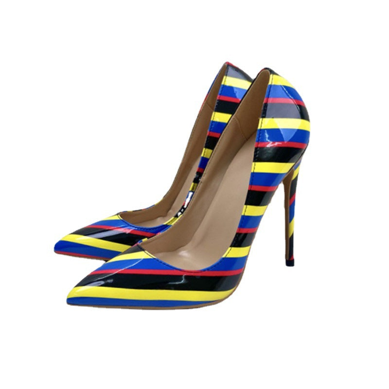 Color Striped High Heels 12CM Pointed Thin-Heeled Women's Shoes Banquet Shoes High Quality Shoes