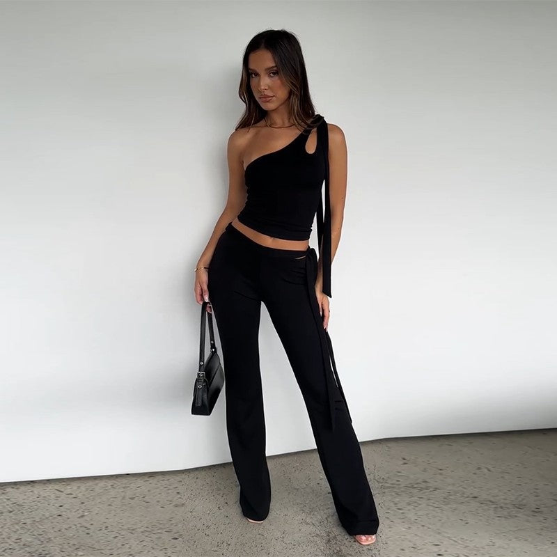 2025 Spring New Slanted Shoulder Strap Open Umbilical Repair Trousers Suit Woman DJPT