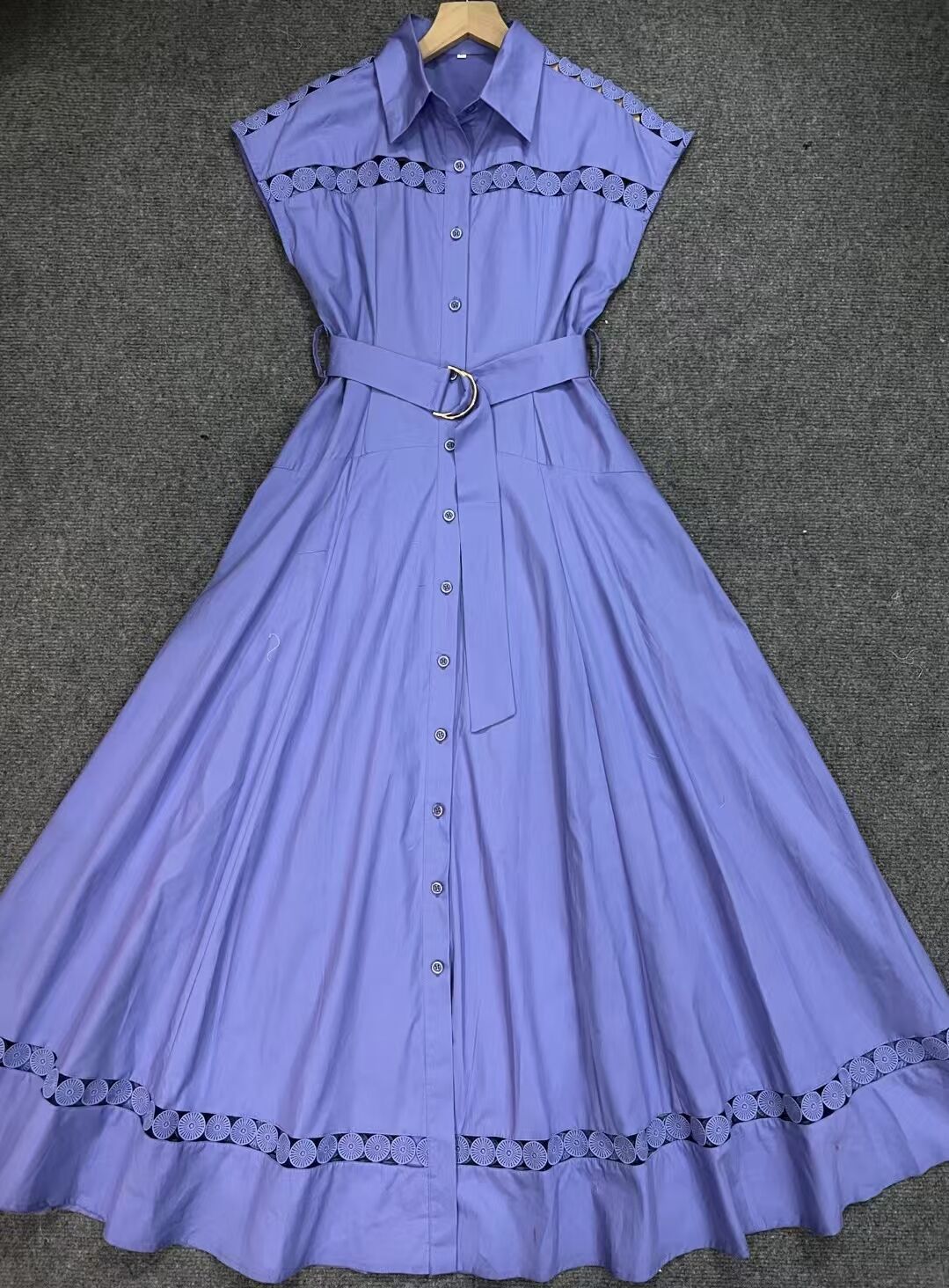 Spring And Summer Holiday Wind Collar Lace Splicing Hollow Belt Shirt Dress Dress