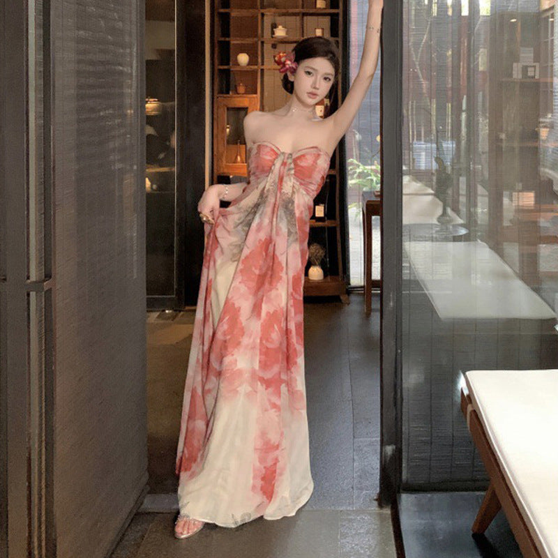 Temperament Thin Niche Tie-Dye Dress Atmosphere Seaside Vacation Sling Skirt