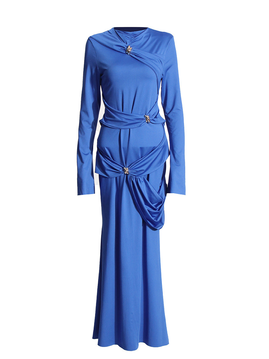 Temperament Gentle And Intellectual Wind 2025 Spring New Long Sleeve Asymmetric Fold Knitting Elastic Dress Dress Woman