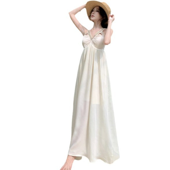 V-Neck Heavy Industry Hanging Neck Sling Dress Women's Summer Seaside Holiday High-End Temperament Loose Long Dress