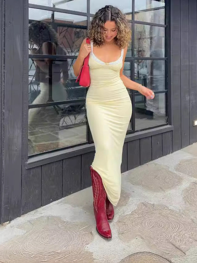 Splicing-Colbled V-Necked Wrinkled Sling Dress 2024 Summer New Holiday Style-Style Bag-Groomed Long Dress