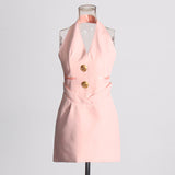 Temperament V-Neck Hanging Neck Dress Chicly Sexy Body-Claw-Dressed Button-Up Suit Dress Dress Women's Dress