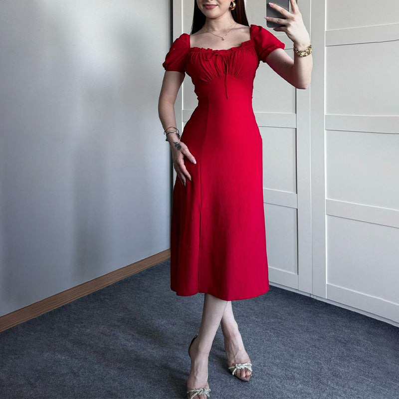 Women's Summer Collar Bubble Sleeve With High Waist Repair Fork Sexy Long Dress