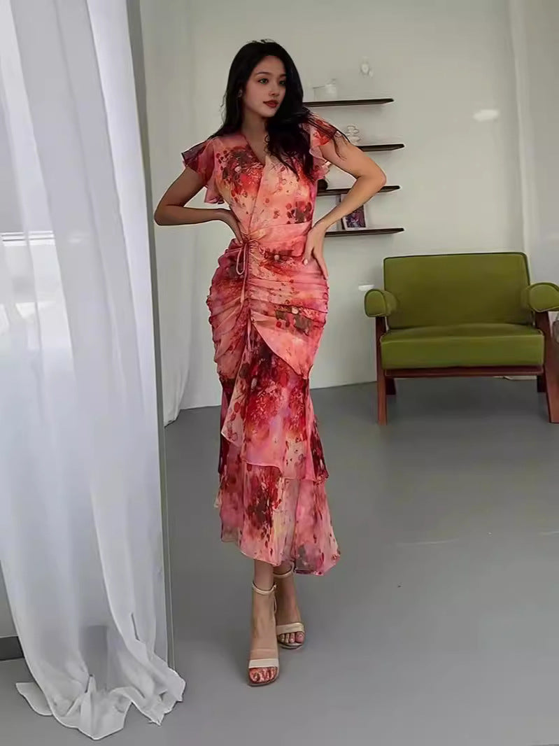 Thin Waist-Waisted French-Style Printed Bag Of Hip-Leaf Fishtail Dress