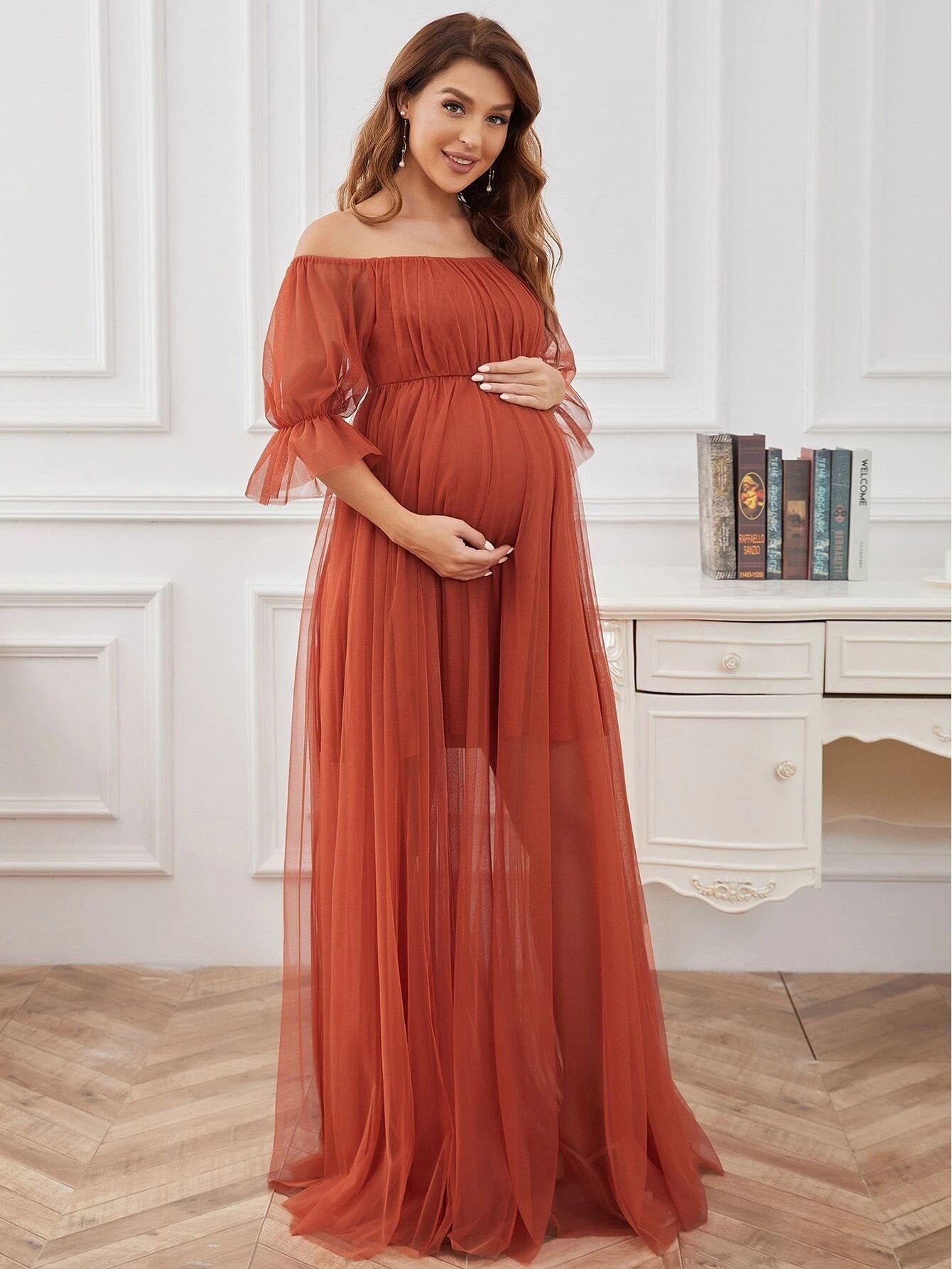 Dress Short Sleeves Solid-Colored Pregnant Women's Dress Tulle Long Pregnant Dress Maternity