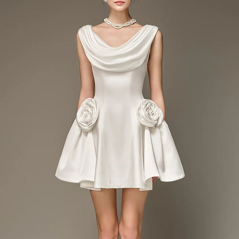 Summer New Round Neckless Design High-Waist Three-Dimensional Flowers Spliced Solid Color French Retro Short Skirt Woman