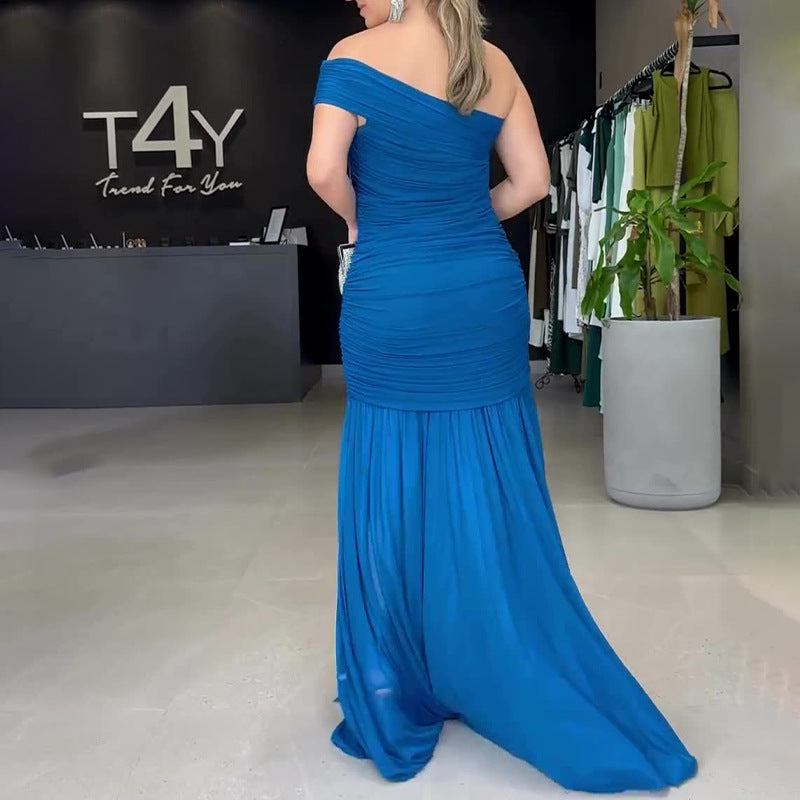 2024 Slanted Shoulder-To-Shoulder Dress Slim Slim Spliced Fishtail Dress