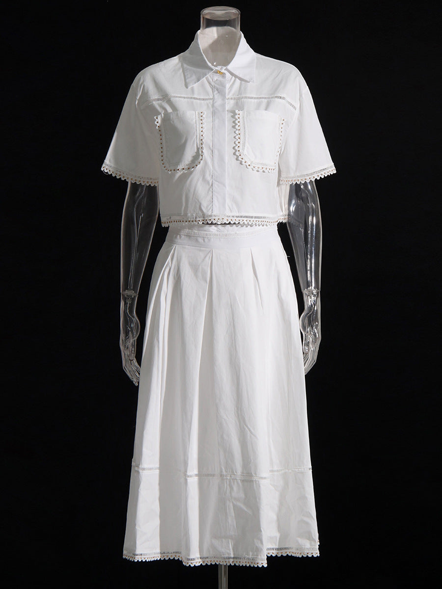 Summer New Collar Short-Sleeved Shirt + High Waist Long Skirt Lace Embroidery Two-Set Suit Woman