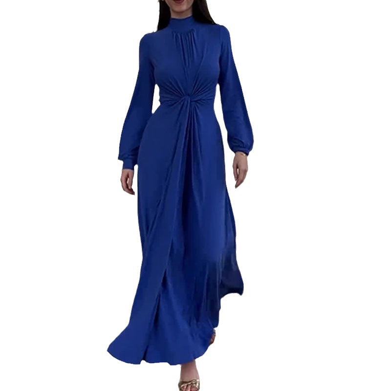 Women's Half-High Collar Lantern Sleeve Dress High-Waisted Knot Design Dress