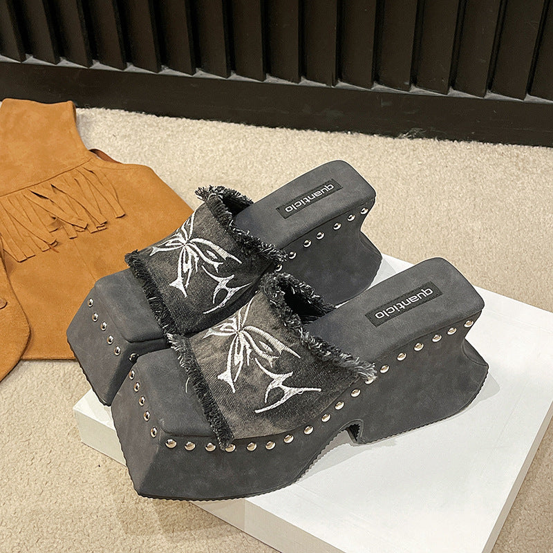 Slippers Women Wear 2024 Summer New Butterfly Thick-Bottomed Slippers Millennium Hot Girls Sexy Toe High-Heeled Sandals High Quality Shoes