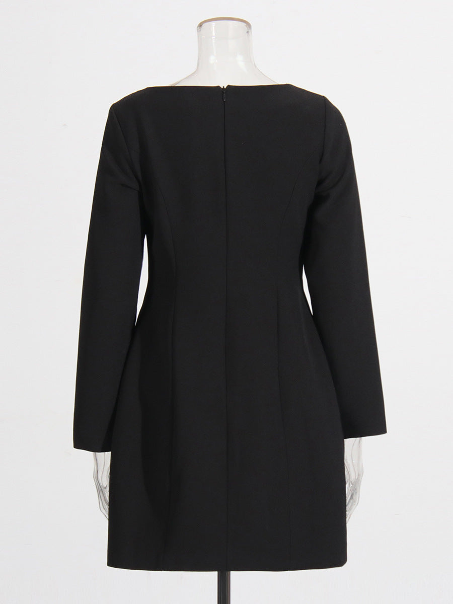 Temperament Simple Style Dress 2025 Spring And Summer New Round Collar Bow Pocket Design A-Character Dress