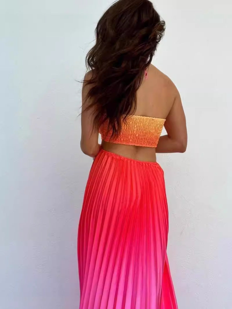 New Summer Gradient Hanging Neck Fold Fashion Dress Ladies Beach Holiday Dress