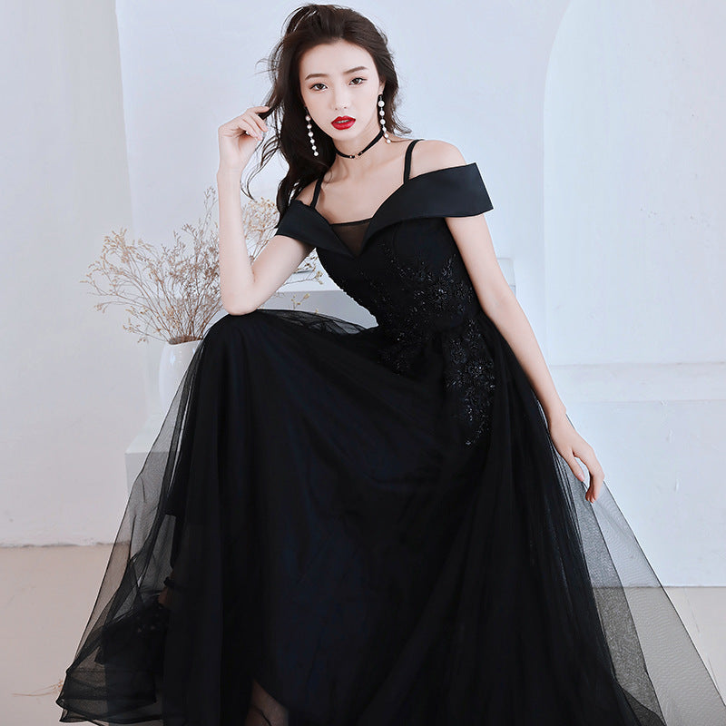 Evening Dress 2025 Spring Shoulder Birthday Dinner Party Host Art Examination Dress Woman