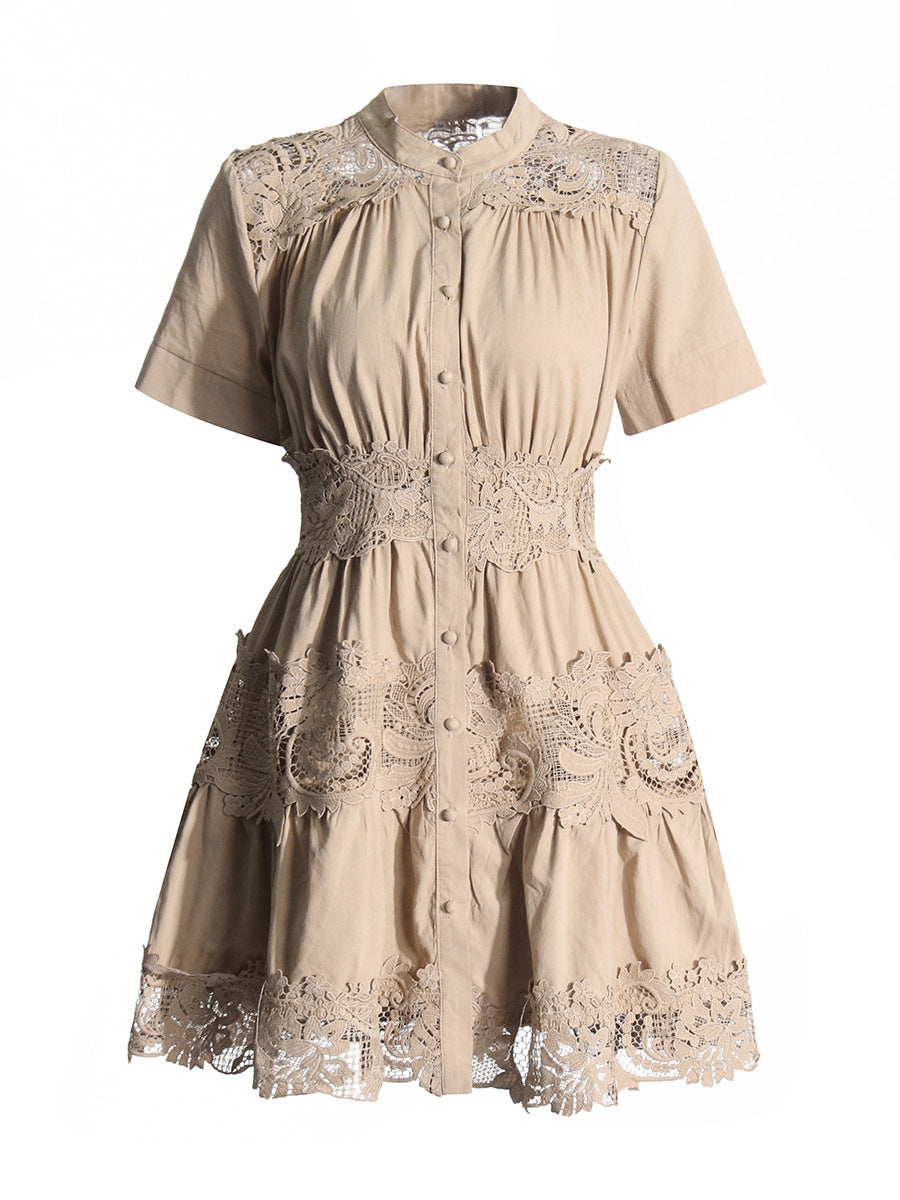 Retro Court Style Dress 2025 Spring New Heavy Industry Court Wind Hollow Waist Short Dress Woman