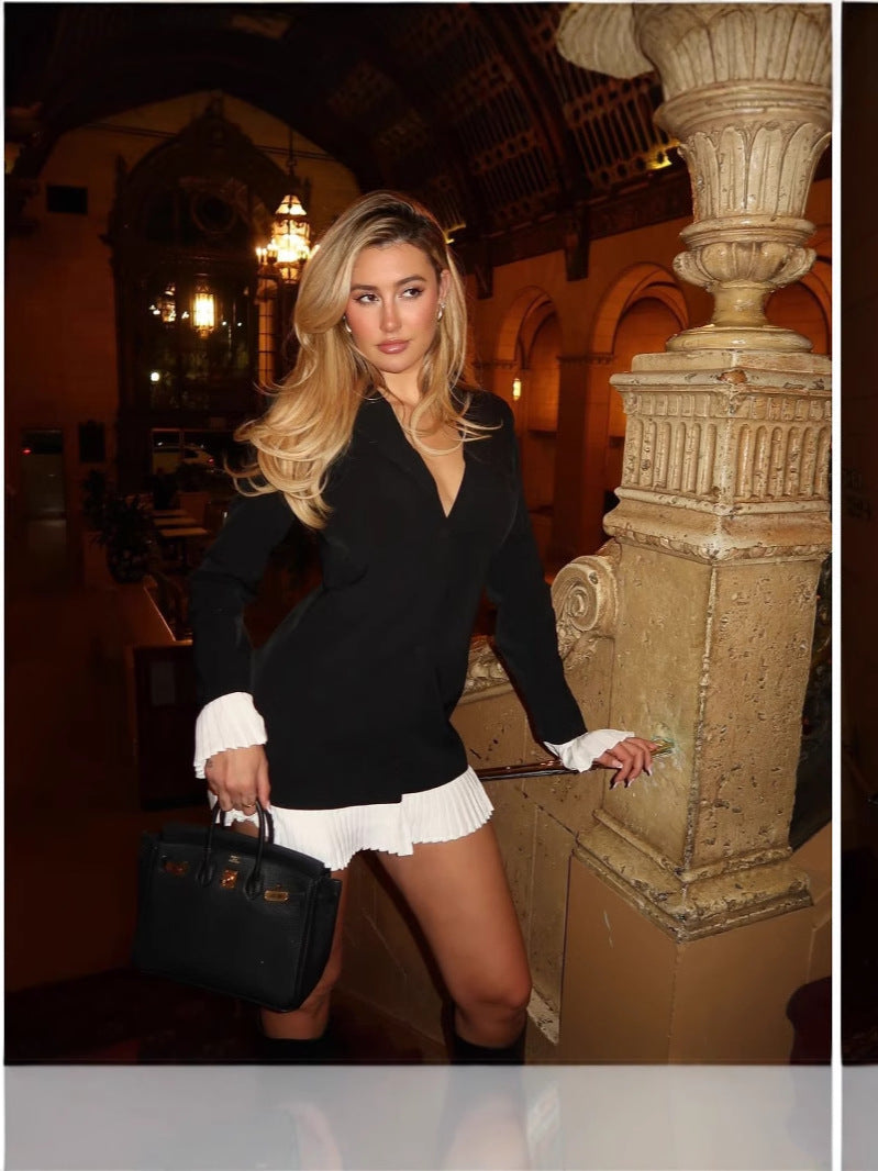 Spring And Summer Waist Black And White Bump Color Pressure Folding Folding Temperament Suit Dress Short Dress LX0115