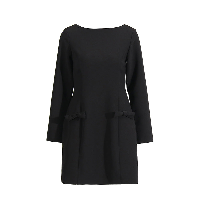 Temperament Simple Style Dress 2025 Spring And Summer New Round Collar Bow Pocket Design A-Character Dress
