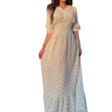 Women's Summer V-Neck Lantern Half-Sleeved High-Waisted Temperament Splicing Dress