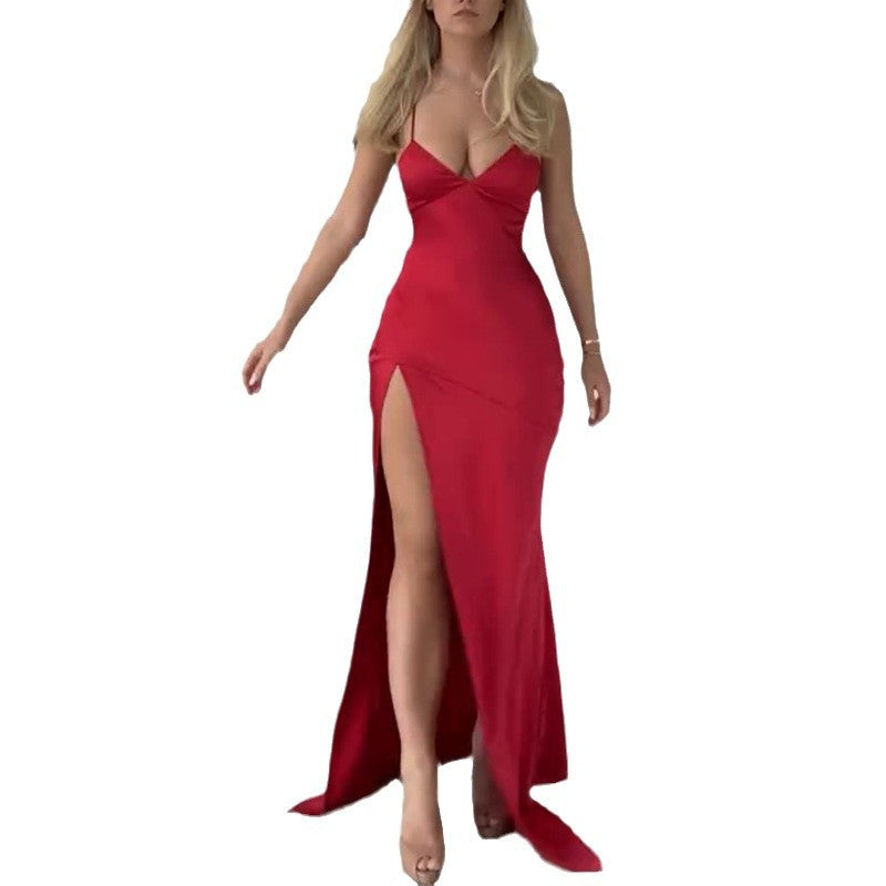 Sexy V-Neck Open Fork In 2024 Solid-Colored Banquet Showback Dress