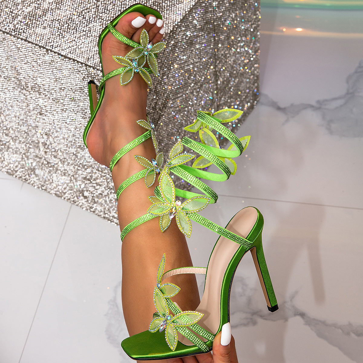 With A Snake-Shaped Winding Dew Water Drill Flashing Bow And High Heel Sexy Sandals Women's Shoes High Quality Shoes