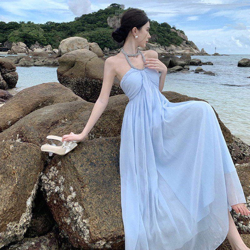 Neck Sling Dress Women's Summer Chiffon High-End Feel Super Fairy Temperament Seaside Holiday Dress
