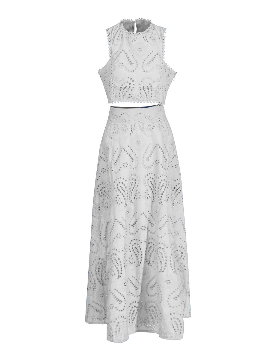 Holiday Wind 2025 New Round Collarless Bare Waist Vest High Waist Half-Dress Embroidered Two Sets Of Women