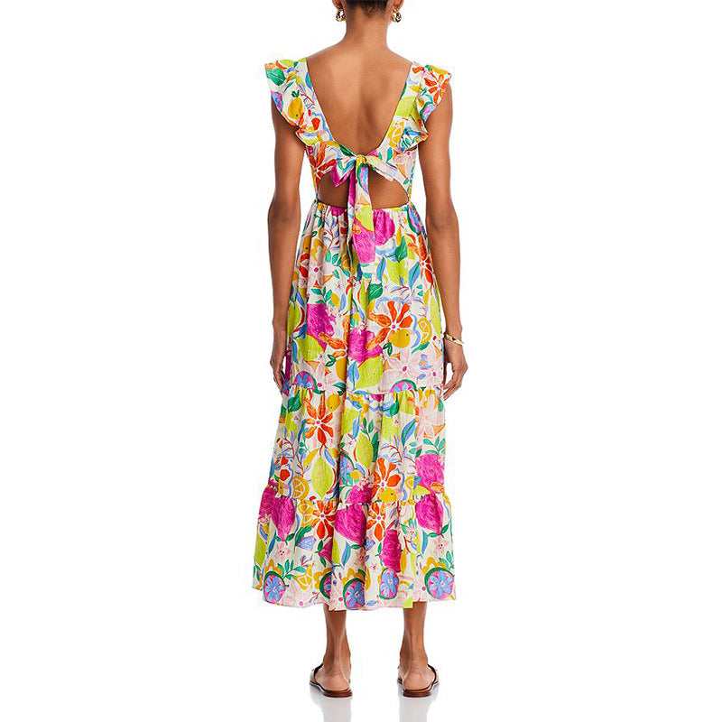 Women's Summer Leader Flying Flying Flying Sleeves Shredded Floral Skirt High Waist Repair Splicing Umbrella Skirt Woman