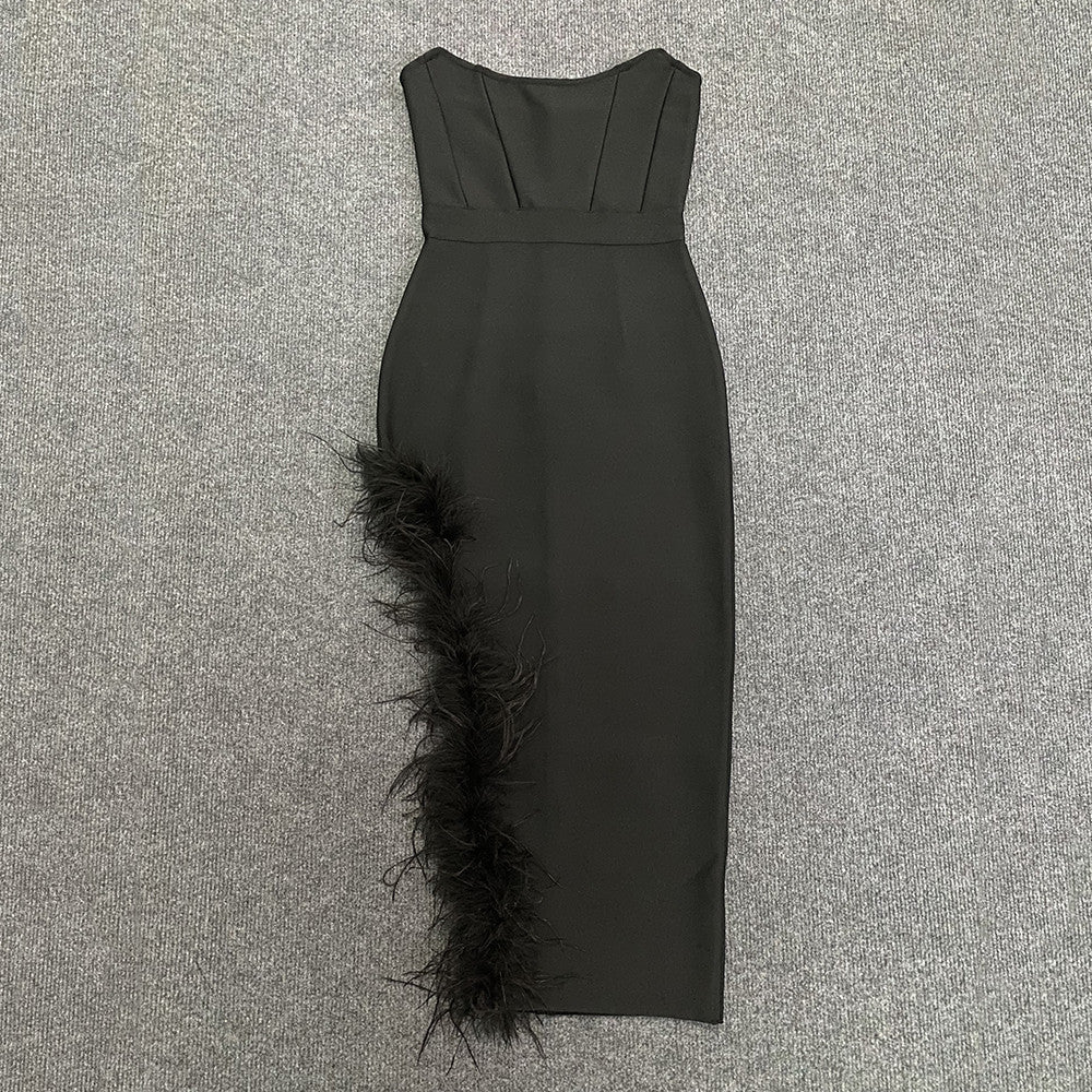 Open Fork Bra Feather Bandage Repair Body Elastic Party Mid-Long Dress Dress Dress