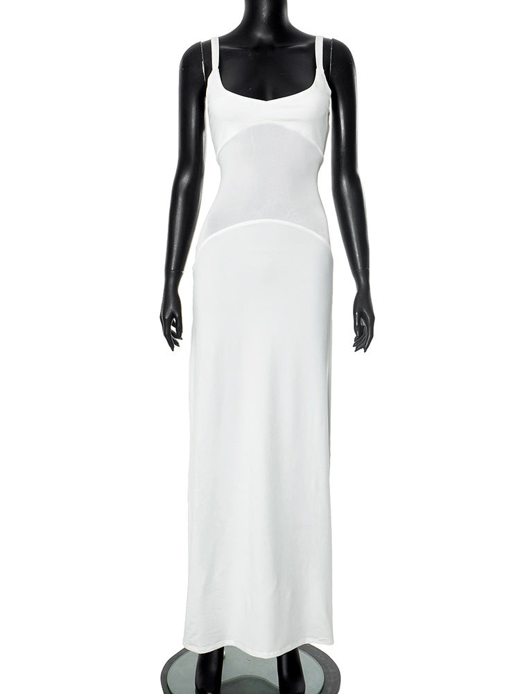 Women Decorate Waistcoat Shoulder Strap Curved Mesh Spliced Fishtail Dress DJPT