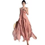 Temperament Hanging Neck Sling Dress Female Summer Dress Pink Bare Back Beach Skirt