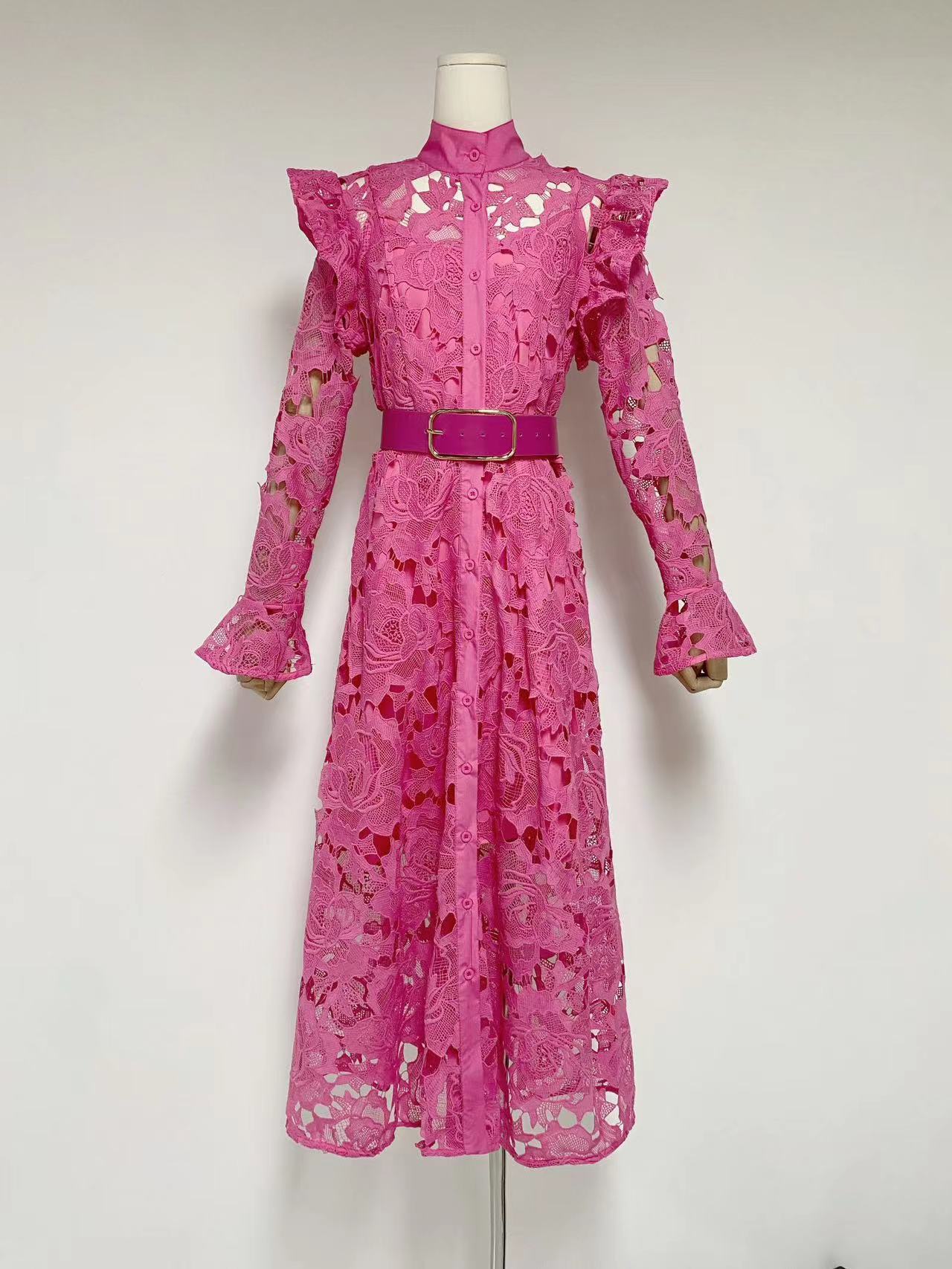 French Retro Elegant Style Embroidery Dress Collared Cardigan High-Waist A-Shaped Dress