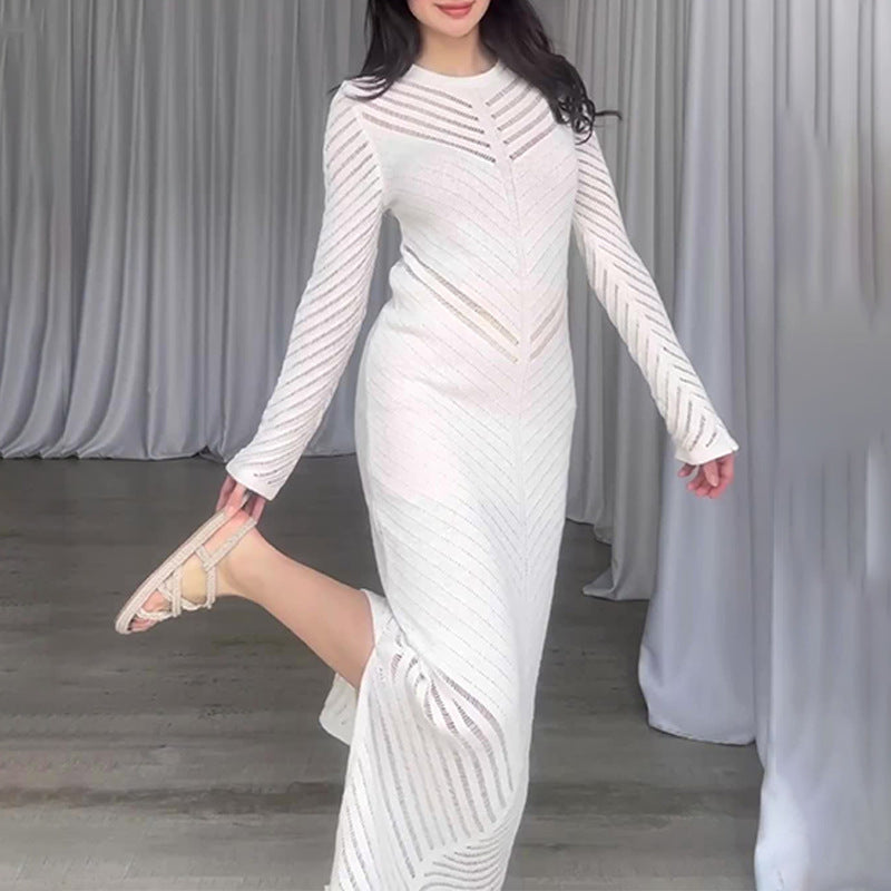 Women's Autumn Round-Collar Knitted Long Dress High-Waisted Waist-Coated Dress