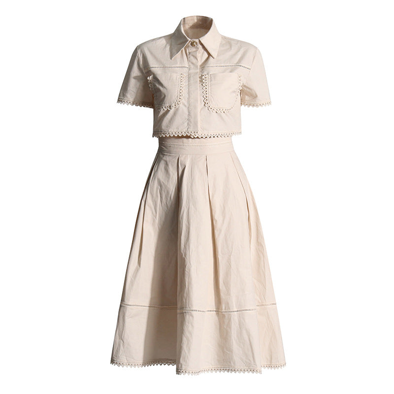 Lace Embroidery Set 2025 Spring New Collar Short-Sleeved Shirt High-Waist Long Dress Solid Color Woman
