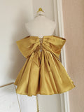 A line Off The Shoulder Yellow Satin Travel Vacation Dresses Short Birthday Dress SD1249
