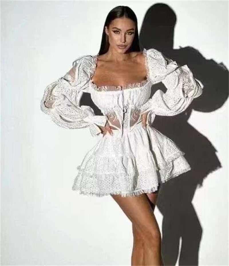Autumn Niche Trendy Holiday Sexy Square Collar Low Chest Waist Short Top + High Waist Skirt Suit