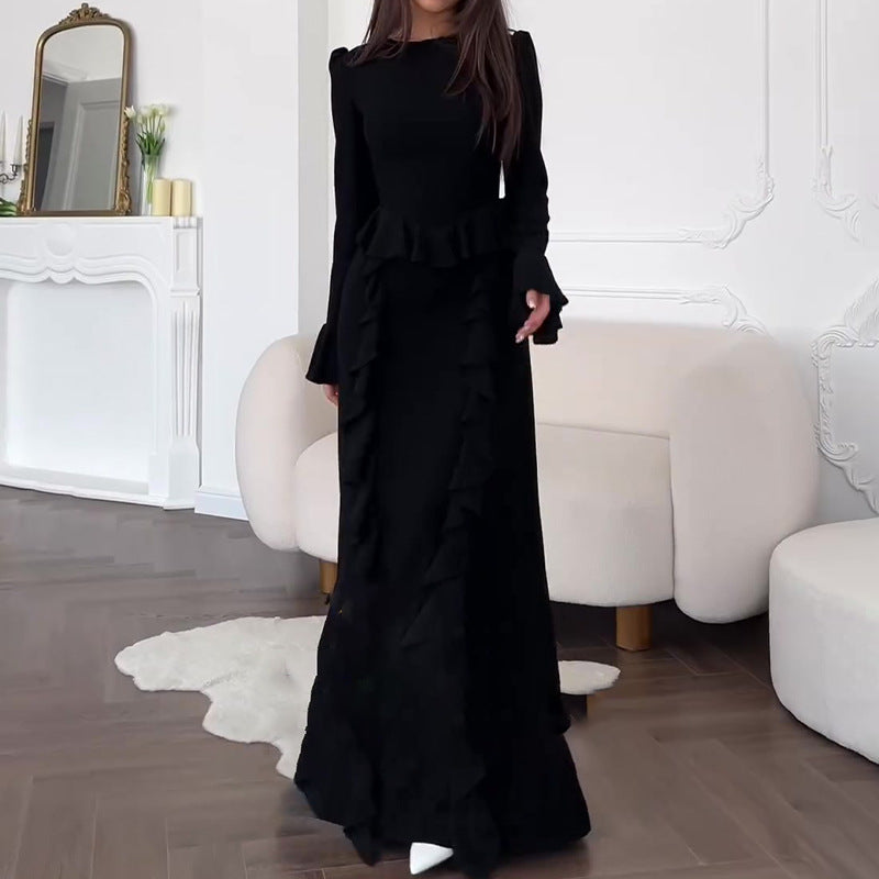 Summer New Splicing Lace Solid-Colored Collar Repair Horn Sleeve Long Skirt