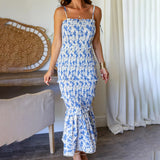 Women's Tie Sling Floral Dress High Waist Lace Fishtail Dress