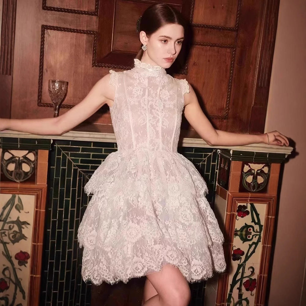 2025 Eyelash Lace Ponpong Dress Half-High Collarless Ponmp Princess Dress