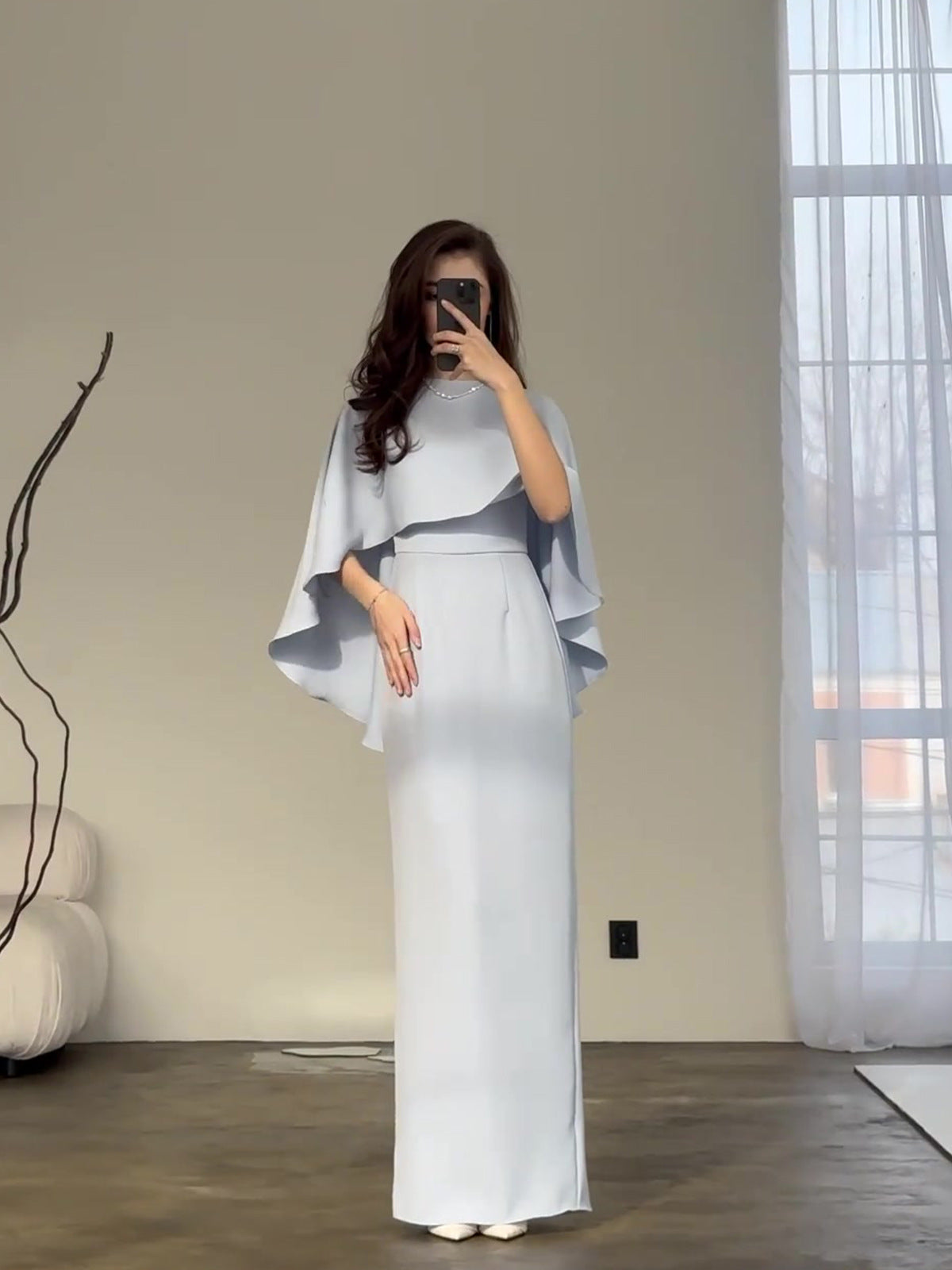 New Solid-Colored Set Of Fassing Bat Shawl Temperament Waist Long-Sleeved Dress