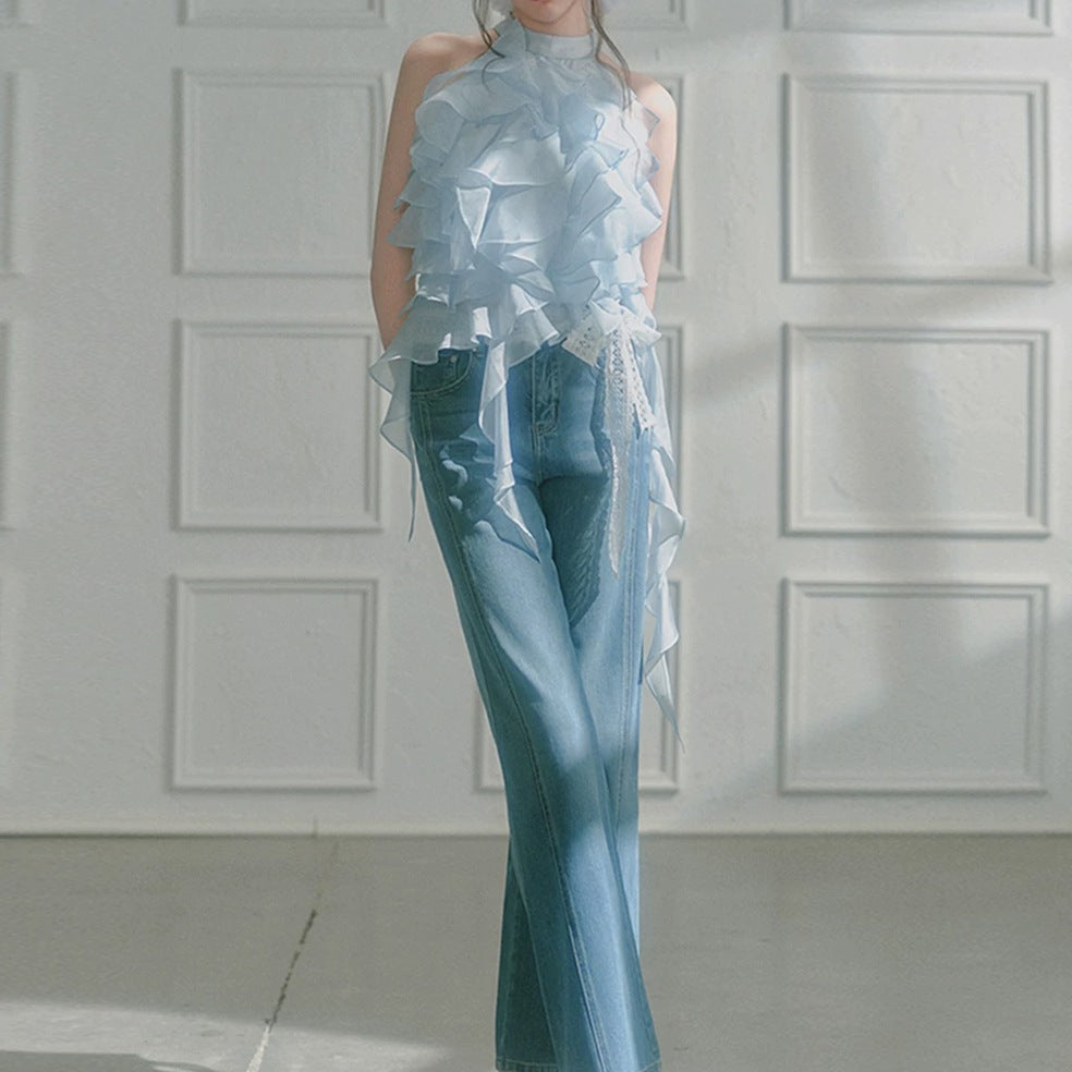 2025 Spring And Summer Ice Blue Wave Ribbon Lace Strapped Clothes