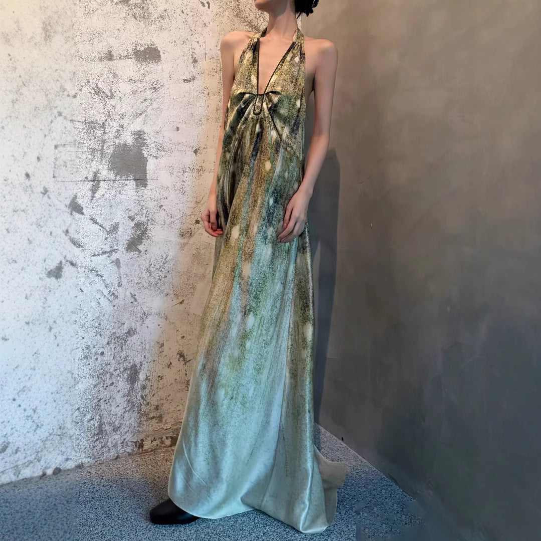 High-End Spring-Summer New Holiday Wind Hanging Shoulder Dress V Neck Strapped Bare Back Dress