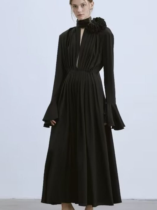 Early Autumn Famous Rose Three-Dimensional Flower Horn Sleeve Sexy Open Fork Gentle Dress Dress