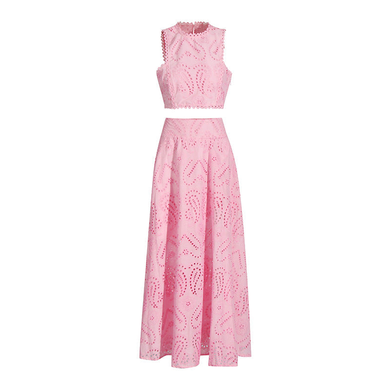 Holiday Wind 2025 New Round Collarless Bare Waist Vest High Waist Half-Dress Embroidered Two Sets Of Women